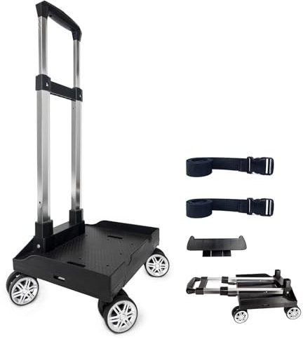 HapBoby Rucksack Trolley Rollwagen, Faltbare Aluminiumlegierung Handkarre mit Randbasis, 4 Räder, Gepäckwagen mit Gepäckgurt für Kinder, Jugendliche, Erwachsene, Schule, Reisen, Black-L08
