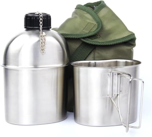 1.2QT Bottiglia d'acqua portatile in acciaio inox bollitore militare con tazza verde borsa sport all'aperto escursionismo campeggio viaggio