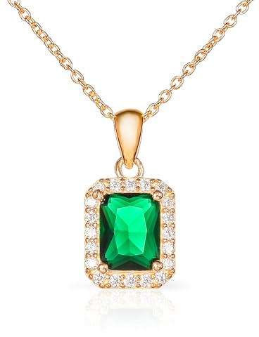 Diamond Treats Collana Oro Donna in Argento Sterling 925 con Zirconi Taglio Smeraldo Verdi, Collana Rettangolare in Oro Giallo, Collana Verde Smeraldo per Donna e Ragazza con Confezione Regalo