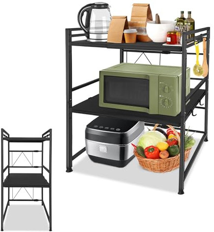 Suusolny 3-stufiges Mikrowellen Regal Erweiterbares Regal Küche Standregal Mikrowellenregal mit 3 Haken Mikrowellenregalständer Bäckerregale für Küchen Arbeitsplatte