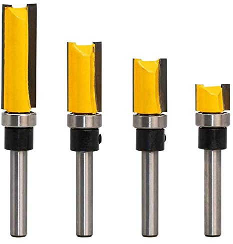 Yuentoen 4 fresas de enrasado, rodamientos de bolas superiores, fresa de enrasado, vástago de 1/4 pulgadas, fresa de enrasado, fresa para copiar bordes con rodamientos de bolas, fresa de ranura, juego