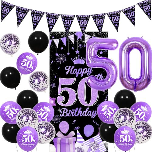 Fangleland 50th Birthday Decorations for Women, Purple and Black Happy 50th Birthday Door Banner and Balloons Bunting Banner Number 50 Foil Balloons for Fifty Birthday Party Supplies