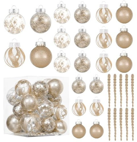 XmasExp 32ct Christmas Ball Ornaments Set -Champagne Clear Plastic Shatterproof Xmas Tree Ball Decorations Hanging Baubles for Holiday Decor
