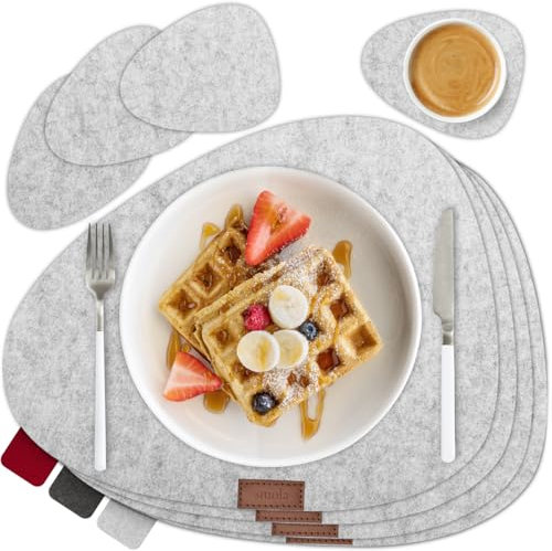 smøla 8-teiliges Premium Filz Tischset - Oval inkl. Untersetzer I Platzset Abwaschbar Grau I Platzdeckchen Set Abwischbar mit Filzuntersetzer für Teller, Gläser I Tischdeko Sommer, Edelgrau