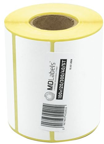 MDlabels Weiße Thermo etiketten auf Rolle 100x120mm 300 Stück permanent haftend, für Barcode, Thermische etiketten