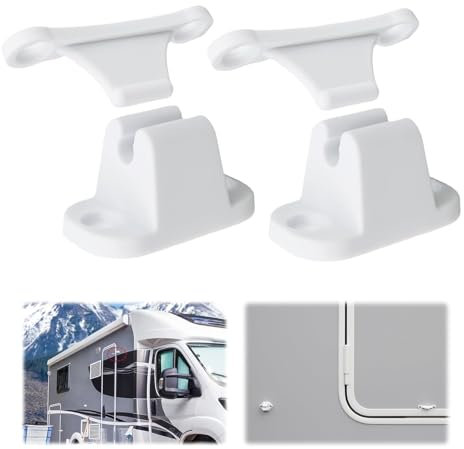 Fermo per Porta Roulotte e Camper,Serratura di Bloccaggio Bianca,Interasse Fori 35 mm e 48 mm,per Sportelli di Servizio e Gavoni di Stoccaggio, Sicura per Porta Camper, Accessori Camper Roulotte
