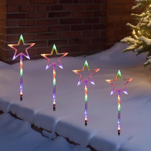 Just for Christmas Pathway Lights - 4 Pack Battery-Operated Pre-Lit Star Christmas Path Lights W/a Timer Function,100cm Cord & 40 Multicolor LEDs Great for Garden & Christmas Decorations