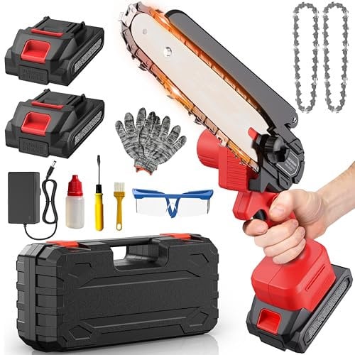 Ginarelo Cordless Mini Chainsaw Battery Small - 800W Chainsaws Chain Saws Handheld Electric Hand Outdoor Power Tools for Cutting Trees Wood Pruning Branch Cutter 6” 2 Batteries with Charger for Garden