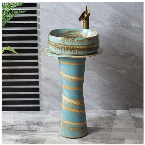 Évier rond autonome pour intérieur et extérieur, lavabo sur pied luxueux, lavabo autonome en céramique – Lavabo sur pied