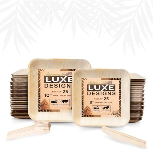 Assiettes jetables en feuille de palmier – Alternative écologique aux assiettes en bambou et en plastique – Assiettes de fête robustes, compostables et biodégradables – Vaisselle allant au micro-ondes