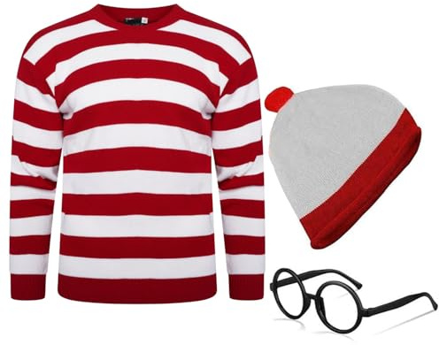 VEARZ Unisex-Set für Erwachsene, Rot und Weiß, Pullover, Hut, Brille, 3-teilig, Buchwoche, Kostüm, gestreift, Übergröße, L