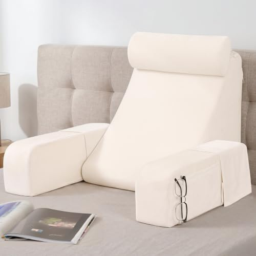 ENITYA 19 Back Pillow for Bed Sitting up, Big Pockets and Washable Removable Cover, Reading Chair for Watching TV/Reading/Gaming/Resting in Bed, Couch or Floor, Medium(Ivory)