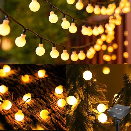 Guirnalda de luces solares para exteriores, 12 m, 100 globos LED solares, 8 modos, IP65, impermeable, color blanco cálido, decoración para exteriores, jardín, balcón, árboles, terrazas, Navidad