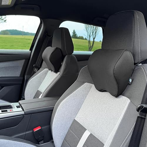FS Auto Nackenkissen 2er Set – Memory Foam Kopfstütze für Auto – Ergonomisches Nackenkissen mit Gurt – Weiches Kopfkissen für Fahrer & Beifahrer – atmungsaktiv, waschbar & verstellbar - Schwarz