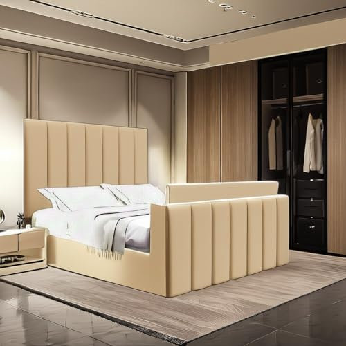 Luxury Velvet TV Bed Frame with Ottoman Storage, Electric TV Lift, Double/King/Super King Sizes, Modern Sleigh Design (Cream, King (U.K. Standard))