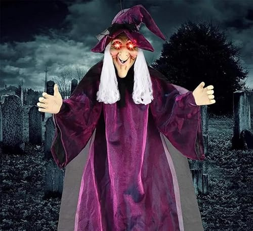 Halloween Deko Outdoor, Animierte Hängende Sprechende Halloween-Hexe mit Leuchtenden Augen, Gruselige Requisiten, gruselige Hexe, Halloween-Dekoration für Garten, Hof, Rasen
