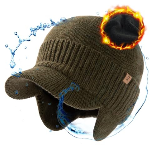 TOP-EX Große Herren und Damen Merino Wollmütze mit Schirm, Ohrenschutz und Fleece, wasserdicht und Winddicht für Outdoor-Sport, Armeegrün L/XL