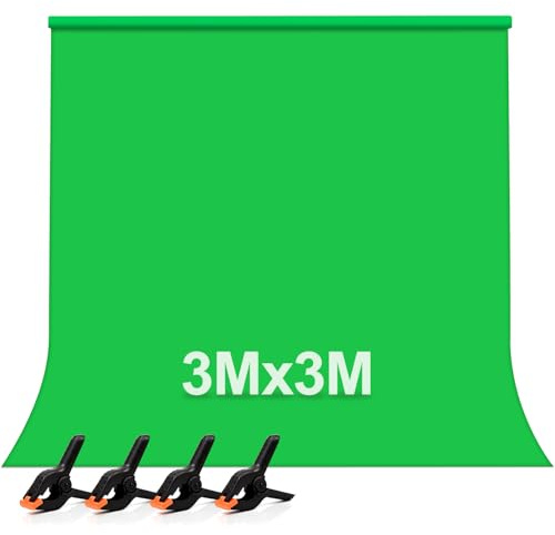 Greenscreen, 3M x 3M Grüner Hintergrund Stoff, Verdickter und Dicht Gewebter Reiner Farbton Hintergrundstoff, Grüner Hintergrund für Video mit 4 Federzwingen für Fotostudio, Video und Fernsehen
