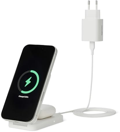 Amazon Basics MagSafe-Kompatible 2-in-1-Schnellladestation, max. 25W, Qi2.2-Zertifiziert, Klappständer für iPhone 17/16/15/14/13/12 und AirPods, mit USB-C-PD-Adapter 45W, Weiß