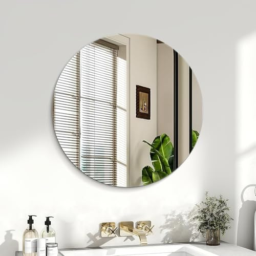 Sqinor Round Mirror 50cm Frameless Bathroom Mirror with Pre-Installed Hook, Modern HD Shatterproof Glass Circle Wall Mirrors for Bathroom Hallway Living Room Bedroom Walls