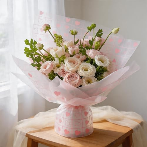 20 Stück Rosa Papier für Blumenstrauß Wasserdicht Blumenpapier mit Herzmuster TUIOLUI Blumen Geschenkpapier Blumenstrauss Papier Verpackung - 58x58 cm