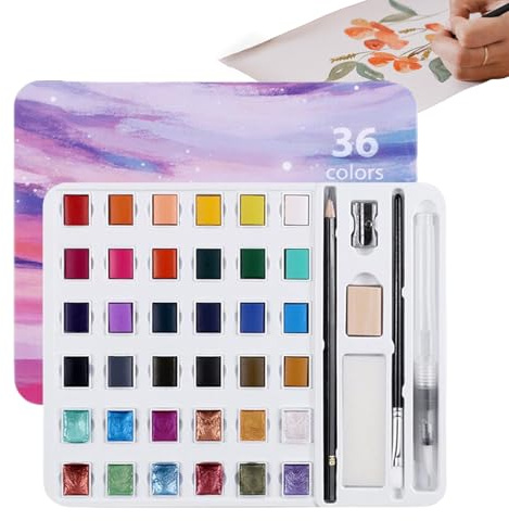 Aquarellfarben, Set mit Aquarellfarben, 36 Farben, tragbar, mit Pinsel für Nägel im Freien, Anfänger, Reisen, Klassenzimmer, Erwachsene, Kinder, Café, Kunstprojekte