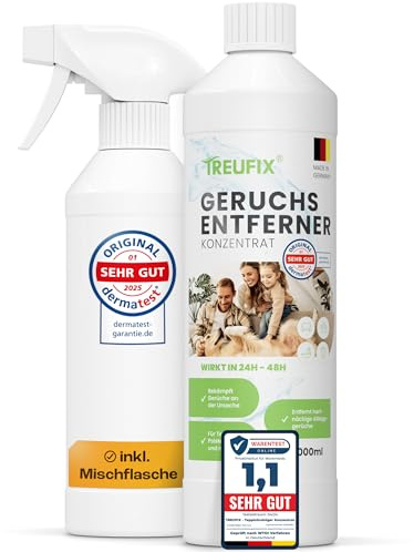 Treufix Geruchsentferner Konzentrat 1L Inkl. 500ml Mischflasche | [STARKER ENZYMREINIGER] gegen Katzenurin, Hundeurin, Schweiß & Alltagsgerüche | Sicher für Mensch & Tier | Made in DE