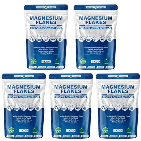 Pure Source Nutrition Magnesium Flakes 1kg – Pure Natural Bath Salts | Organic & Vegan Friendly | Ideal for Relaxing Soaks, Foot Baths, Skincare & DIY Bath Bombs (Pack of 5)