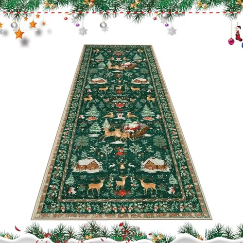 SVCEQZE Weihnachtsläufer Teppich, 200x60cm Polyester Weihnachtsteppich, Weihnachtsteppich Läufer rutschfest, rutschfeste Weihnachtsmatte Mit Schneemännern Tannenbaum Für Eingang Flur Küche Bettseite