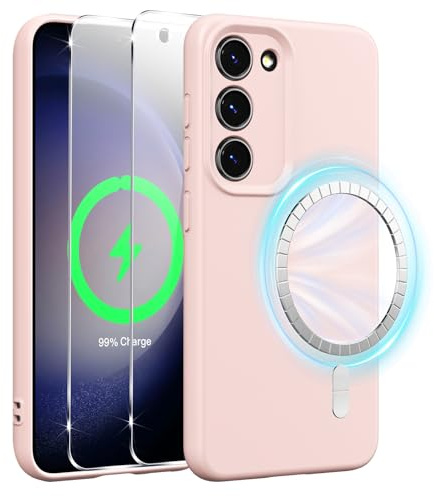 Xiltlly Coque Magnétique en Silicone pour Samsung Galaxy S23 Plus 5G 6,6 Pouces avec 2 Verre Trempé, Compatible avec MagSafe Aimants Intégrés, Étui Housse Antichoc Anti-Rayures, Rose