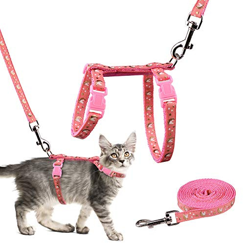 Katzengeschirr und Leine Set Gold Moons Sterne Weiches Nylon Ausbruchsicher Verstellbar für Kätzchen Kleintiere Leuchten im Dunkeln (Rosa)