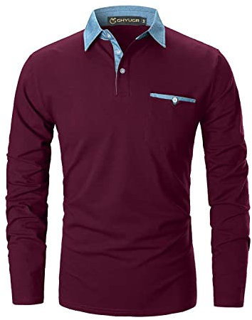 GHYUGR Men's Long Sleeve Polos Casual Tops Denim Splice Golf T-Shirt Poloshirts (XXL, Red 1)