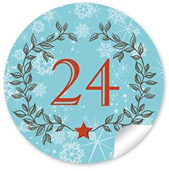 48 DIY Adventskalenderzahlen TÜRKIS KRANZ VINTAGE für einen DIY Adventskalender Papiertüten zum selber basteln 1 – 24 • Format 4 cm, rund, matt