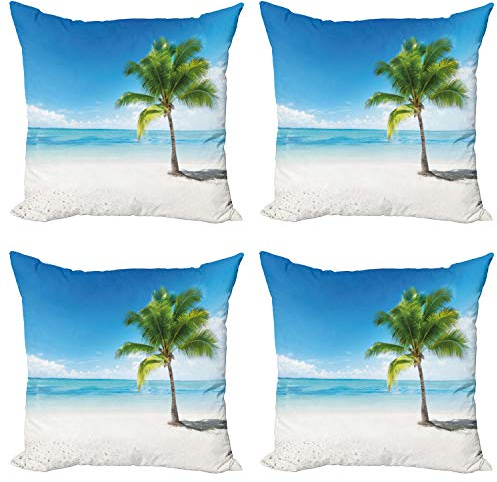 ABAKUHAUS Landschaft Dekokissen Kissenbezug 4er Pack, Seeozean Palmen, Modern Accent Doppelseitiger Digitaldruck, 40 x 40 cm, Weiß Grün