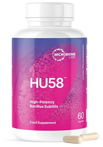 Microbiome Labs HU58 - High-Potency Bacillus Subtilis Spore Supplement | For digestive & gut health support, spore-based active bacteria for adults & children 5+, vegan, shelf-stable, 60 capsules