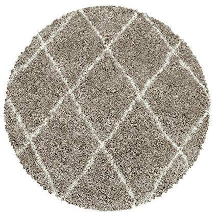 Carpetsale24 Hochflor Runder Teppich Beige 160 cm Rund Rauten Design Flauschig- Langflor Wohnzimmerteppich Skandinavischer Stil Shaggy Teppich
