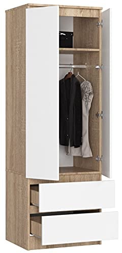 BDW Kleiderschrank mit 2 Türen, 2-türiger Kleiderschrank, 2 Schubladen - Aufbewahrungsschrank - Moderner Schrank für Schlafzimmer, Wohnzimmer, Flur, Kinderzimmer - 180x60x51cm - Eiche Sonoma Weiß