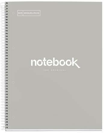 Miquelrius - Notizbuch A4 Notebook, 1 farbiger Streifen, 80 Blatt mit raster 5 x 5 mm, Papier 90 g/m² mikroperforiert mit 4 Bohrungen für 4 Ringe, Einband aus Karton, Farbe Grau