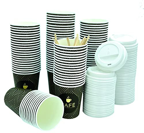 Genérico Pack 100 vasos desechables de cartón para café con paletinas de madera (250ML - CON TAPA)