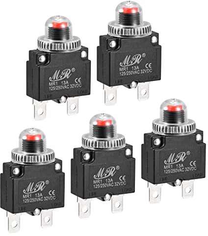 sourcing map Circuit Surcharge Protection 13A AC125/250V DC32V Bouton-poussoir Thérmique Coupe-circuit pour Air Compresseur avec Imperméable Capuchons 5pcs