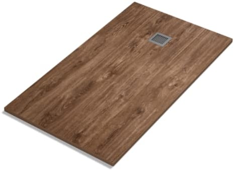 Plato de Ducha de Resina Extraplano Efecto Madera Roble Oscuro | Plato Ducha Antideslizante en Textura Lisa | Plato Ducha con Válvula de Desagüe y Rejilla | Roble Oscuro | 80 x 70 cm