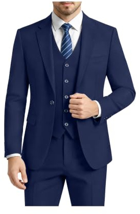 LUPURTY Suits for Men, 3 Piece Men's Suit Slim Fit, Solid Jacket Vest Pants with Tie, One Button Tuxedo Set for Business, Wedding, Navy Blue L