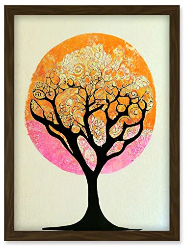 Doppelganger33 LTD Tranquil Tree Silhouette Abstract Illustration Enchanted Linocut Artwork Framed Wall Art Print A4