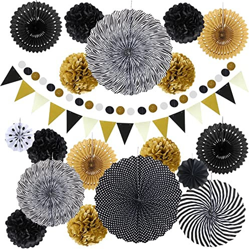 Minicoco Birthday Party Decorations - 20PCS Reusable Black & Gold Party Decoration Set, Tissue Paper Pom Poms Flower Fan for Birthday, Baby Shower, Bridal Shower, Ceiling and Backdrop Decor