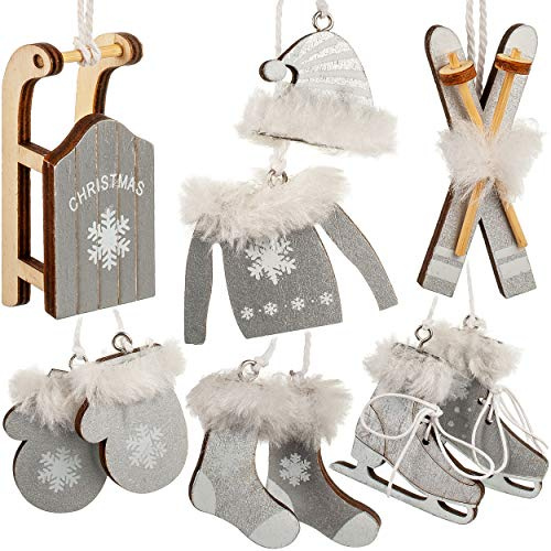 alles-meine.de GmbH 30 TLG. Deko Set - Winter & Weihnachten - Farbwahl - Ski/Schlittschuhe/Schlitten - Silber & weiß - aus Holz - Miniatur/Diorama - Anhänger - Weihnachtsde..