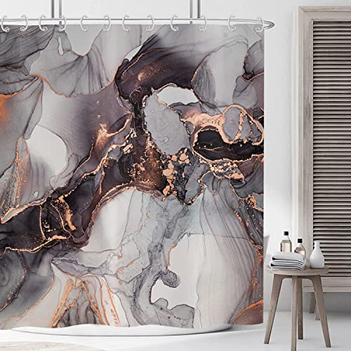 ASDCXZ Tenda da doccia in marmo nero oro 180 x 220 cm, moderna, astratta, grigio, oro, effetto marmo, lunghezza eccessiva, lavabile, tenda da doccia in poliestere, impermeabile, per vasca da bagno con