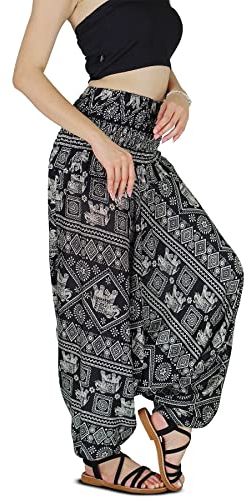 Your Cozy Haremshose für Frauen Hippie Boho Kleidung Mc Hammer Hose Overall Lässig Lose Strand Jogginghose Bequeme Baggy Boho Yogahose (Schwarzer Elefant_S)