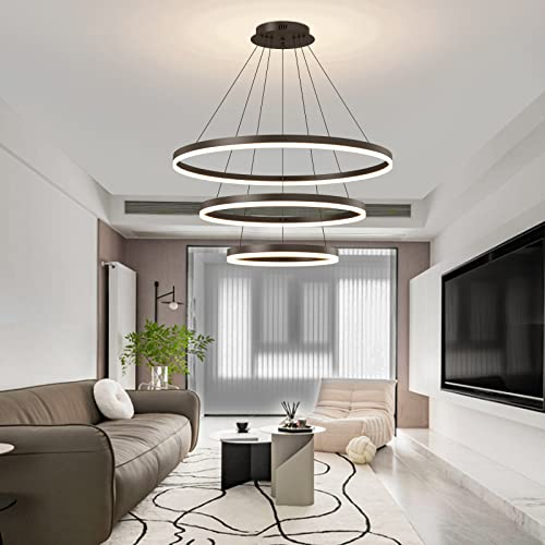 Mikeru LED Esstisch Pendelleuchte, 3-Ring Moderne Rund Kronleuchter, Dimmbar mit Fernbedienung Deckenbeleuchtung, Höhenverstellbar von 1-150cm Wohnzimmerlampe, Geeignet für Esstisch, Wohnzimmer