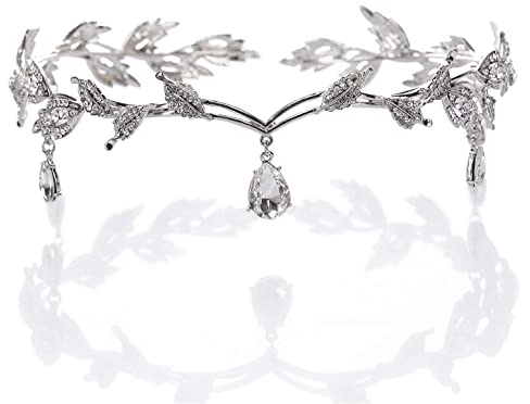 Larfraecy Elfen Krone Tiara für Mädchen Damen Kristall Strass Hochzeits Kopfband Elfen Prinzessinkopfschmuck Göttin Elfen Blätter Tiara Hochzeit Kristall Kopfschmuck für Braut Brautjungfern (Silber)
