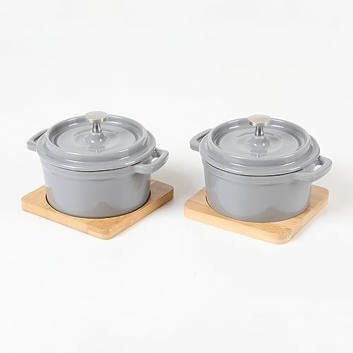 HAWOK Emaillierter Mini-Dutch Oven Cocotte Kochtopf aus Gusseisen mit Deckel, 270 ml, Grau, 2 Stück